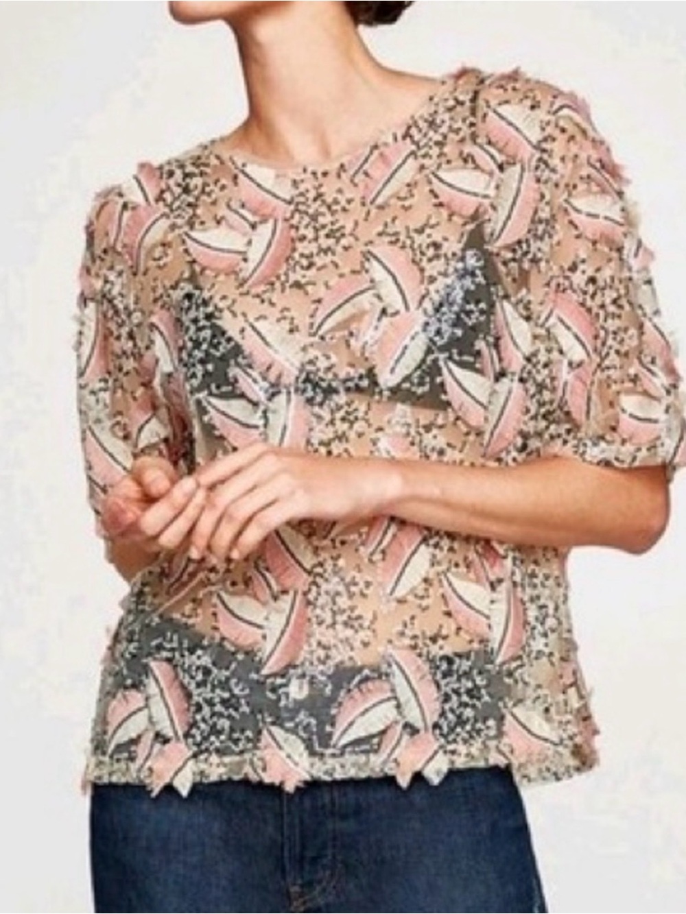 Zara Sheer Embellished Floral Appliqué Top in Pink and Gray